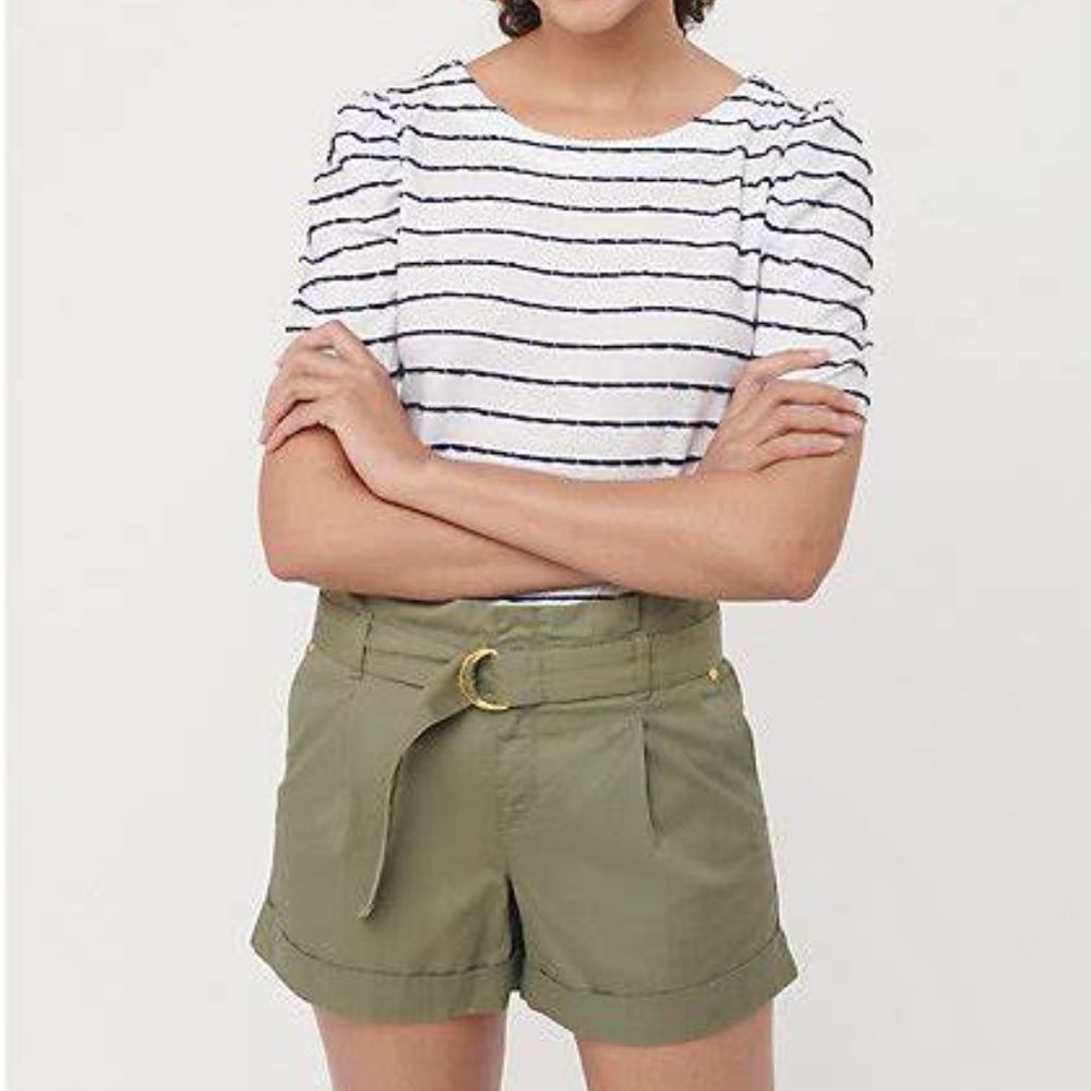 Loft Herringbone Belted Paper Bag Shorts | Sz. 6 | NWOT | Military Green